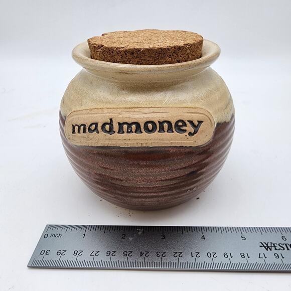 Vtg Mad Money Savings Jar Glazed Stoneware Cork Lid Brown Cream Gargen Ridge 5" - Picture 10 of 10